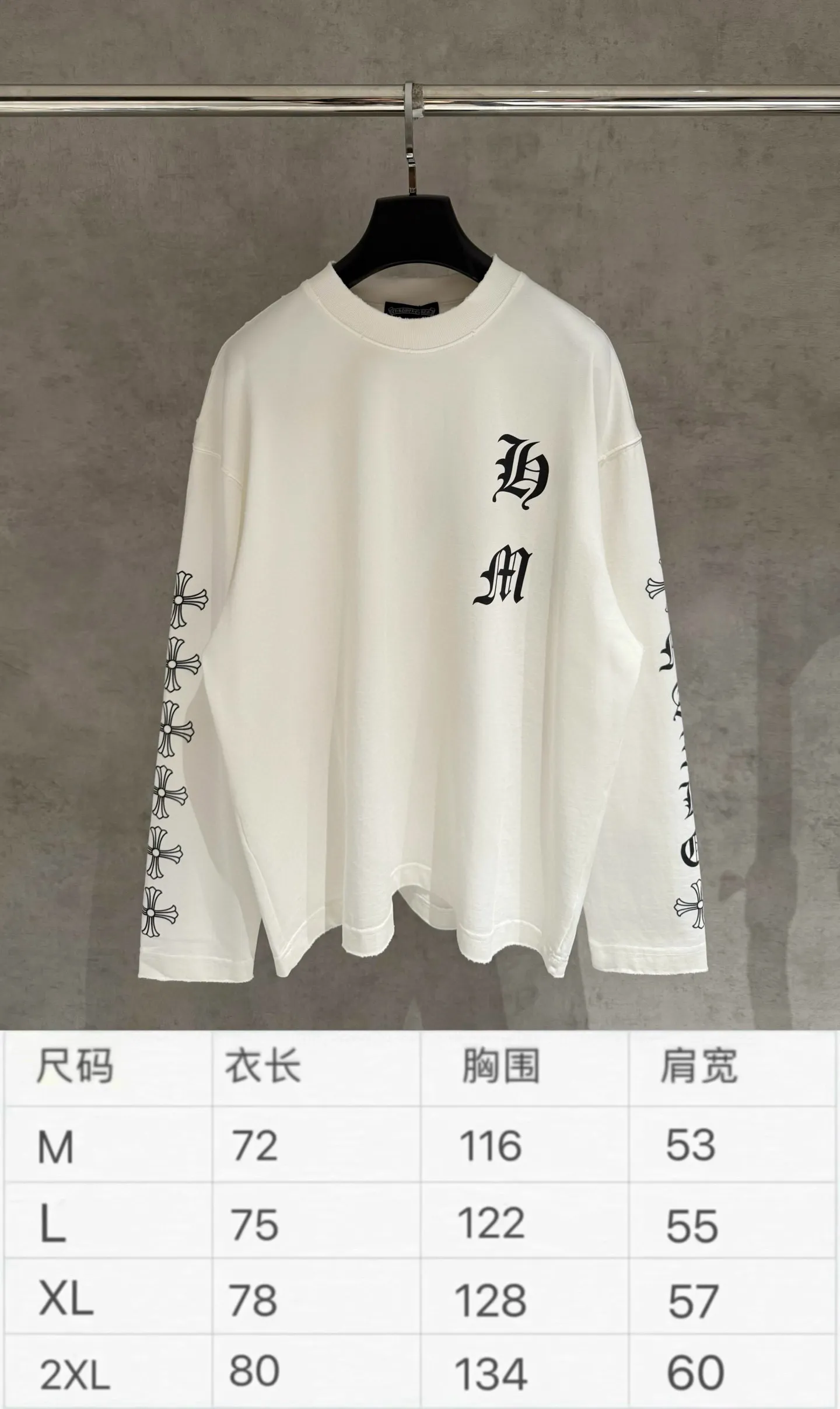 🅿️330 [Strict quality control] CH Croixin's new long-sleeved sweatshirt T-shirt. Heavy 340g double yarn fabric. Four flower positions on the front, back and left. Wash the whole garment twice. The four sides are frayed and torn. Heavy fabric. The neckline is made of icy Salona. Loose fit. Deep, wide and stylish. No deformation or shrinkage. 3 colors: black, white and gray. Size: M-2xl